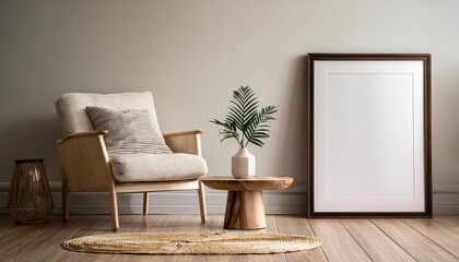 Minimalistic 3D Render of Mockup Frame in a Simple Interior Background, Radiating Elegance and Modernism with a Touch of Minimalist Chic and Futuristic Aesthetics.