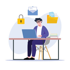 A man working at his desk while symbols of secured documents, email, and files float around him Great for data protection and online safety illustrations.
