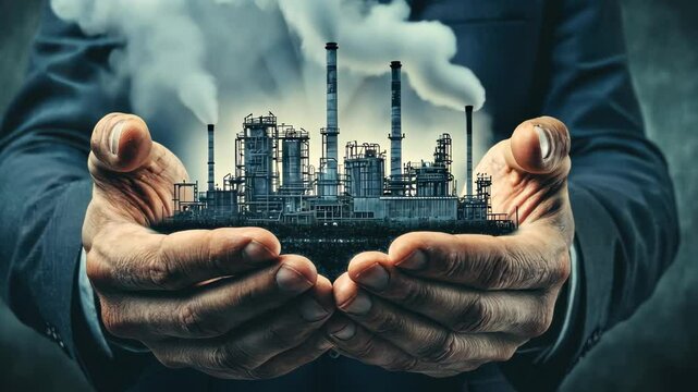 Businessman controlling pollution from a factory demonstrates corporate responsibility and environmental awareness, Businessman hands controlling pollution from a factory, reduced CO2 emissions