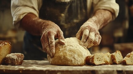 Baker shaping dough, rustic bakery, flour, bread