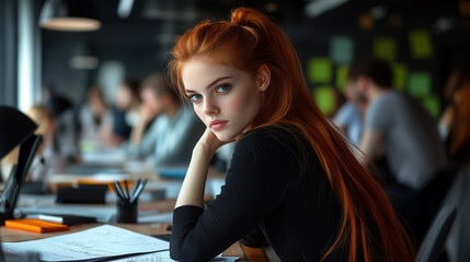 Focused redhead businesswoman engaging in creative work at a stylish corporate or design office, with a collaborative team of professionals working together in the background