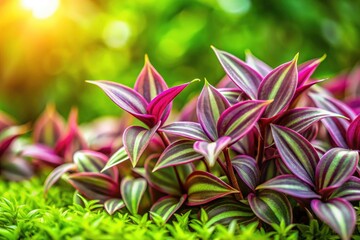 Macro lens captures Wandering Jew's intricate detail, lush grass bokeh, soft focus beauty.