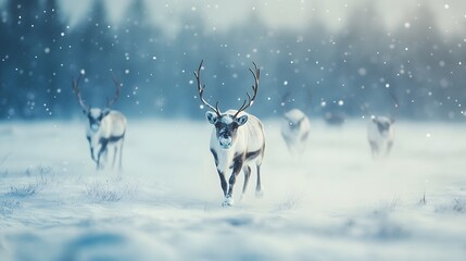 Reindeer Herd Roaming Through Snowy Tundra Under Heavy Blizzard