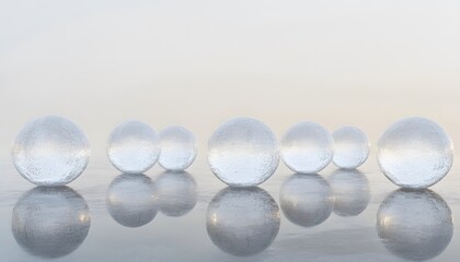 Translucent spheres rest on a reflective surface under diffused light