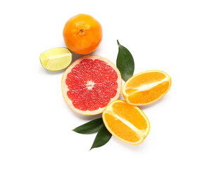 Different tasty citrus fruits isolated on white background