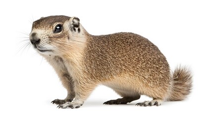 Fototapeta premium Ground squirrel stands against a clean white background gracefully