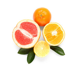 Different tasty citrus fruits isolated on white background
