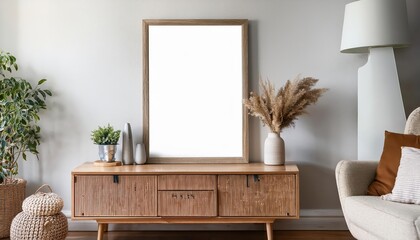 Scandinavianstyle Living Room Interior Mockup Frame on Cabinet in Cozy Warmth, Showcasing Minimalistic Design and Neutral Tones with a Hint of Scattered Greenery, Perfect for Home Decor and