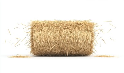 Fototapeta premium A cylindrical hay bale on a white background, with straw pieces scattered around it, symbolizing harvest