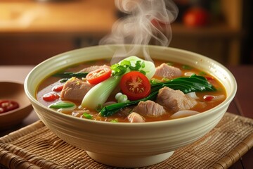 A hot bowl of sinigang with pork, veggies, and tangy tamarind broth.