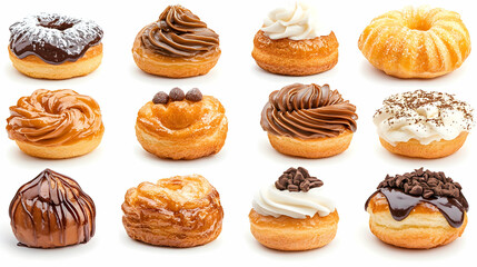 Delicious assorted donuts, sweet treats, bakery food photography, white background, website, recipe