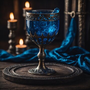 A fantasy-inspired elixir with glowing blue liquid in a medieval-style goblet.