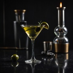 A vintage-style martini with an olive, set on a sleek black countertop.