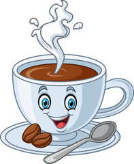 Cartoon a happy coffee cup, with coffee beans