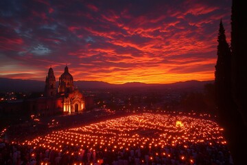 Naklejka premium Crowd holding candles celebrating religious event in front of illuminated church at sunset in Cholula, Puebla, Mexico