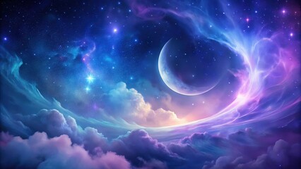 Celestial Dreamscape A Serene Vision of Night Sky, Crescent Moon, and Dreamlike Nebulae Above a Sea of Clouds