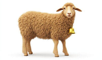Fototapeta premium A fluffy sheep with a golden bell stands proudly against a plain white background, symbolizing farm life