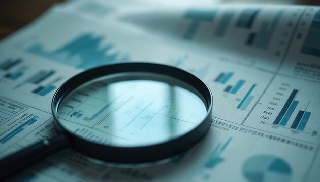 Magnifying glass zooms in on financial charts, emphasizing business insights through detailed analysis. Diagram and data scrutiny on newspaper financial graphs. Concept for investment and finance. - Powered by Adobe