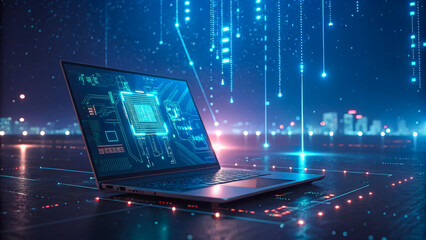 High-Tech Digital Interface Displayed on Laptop with Futuristic Cityscape Background