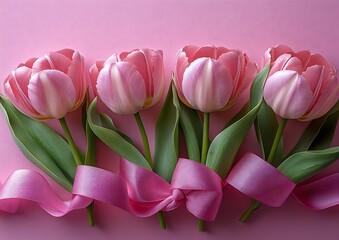 Obraz premium Wraped pink and tulip bouquet close up.