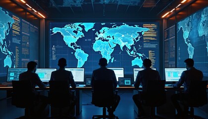 Cybersecurity team monitors global network in futuristic control room. Data protection incident response. Threat detection specialists analyze digital security artificial intelligence.
