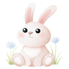 Obraz premium Cute bunny sitting in grass with flowers, featuring soft colors and friendly expression. This adorable rabbit illustration is perfect for spring themes