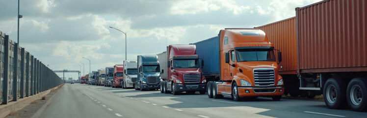 Long line of trucks halted at border checkpoint due to trade restrictions. Road block, transit delay, new cross border trade obstacle. Orange, red, blue cargo trucks standstill.