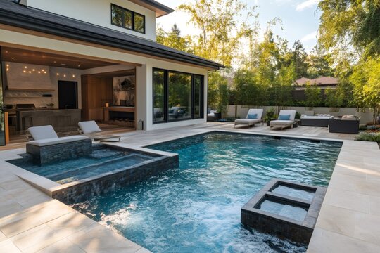Modern house with swimming pool and integrated jacuzzi enjoying the sunset