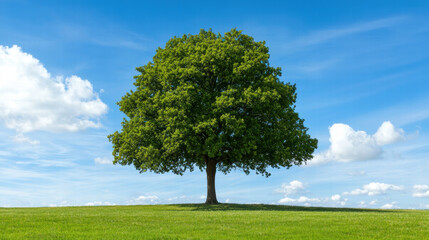 Fototapeta premium A solitary, lush green tree stands majestically on a hill under a bright blue sky with scattered clouds.