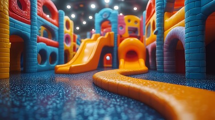 Fototapeta premium Colorful kids play area with slides and tunnels. Indoor. Possible use Stock photo for children's products or play areas
