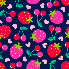 Cute strawberry, cherry and heart seamless pattern design for Valentine's day background.