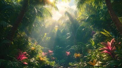 Fototapeta premium Lush tropical forest, sunlight filtering, vibrant foliage, scenic view, nature background
