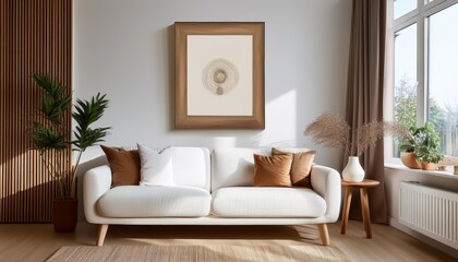Modern Living Room Interior withx Brown Wooden Frame and White Sofa in a Minimalistic Setup, Showcasing a Vertical Artwork that Exudes Calm and Elegance with Natural Warmth. characters