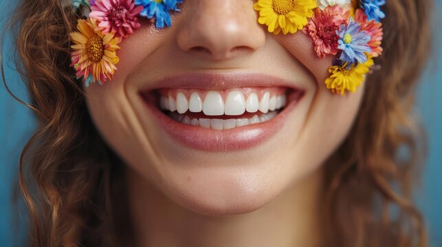 Woman smiling, flowers on face, blue background, dental ad