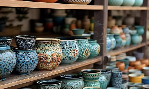Handcrafted pottery displayed outdoors at market