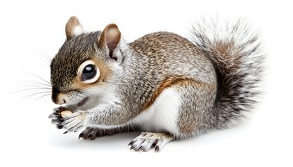 Obraz premium Cute squirrel with fluffy tail eating a nut on white