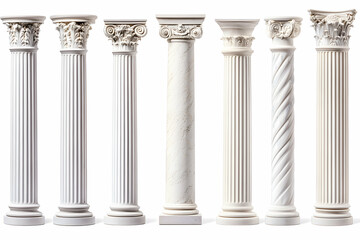 Eight classical columns, architectural details, studio shot, white background, design resource