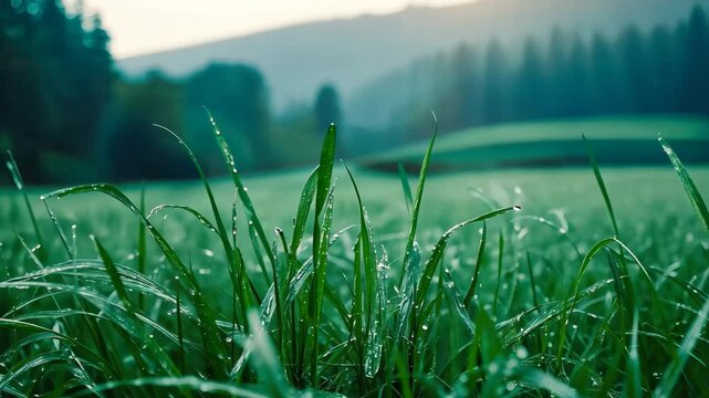 Lush green grass glistening with morning dew in a serene landscape, green grass background, fresh and peaceful videoing