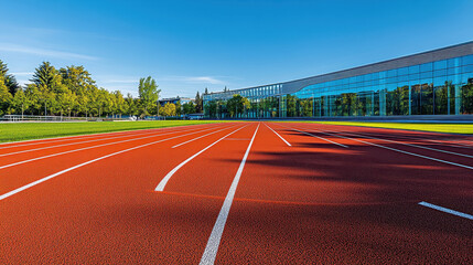 a red running track with white lines in the foreground, a green grass field