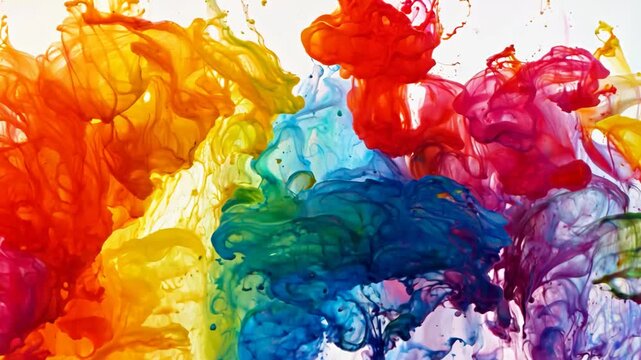 A vibrant and expressive abstract watercolor painting featuring a dynamic splash of rainbow colors blending seamlessly across the canvas. The fluid motion, splatters, and organic shapes 