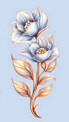 Elegant light blue flowers, gold stem, leaves; pastel background; design element