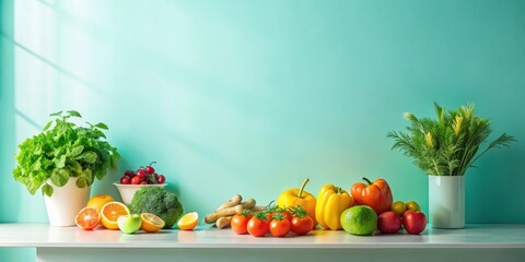 Vibrant assortment of fresh produce arranged on a minimalist countertop against a serene aqua backdrop, bathed in soft sunlight