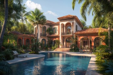 Luxurious mediterranean villa with swimming pool surrounded by tropical vegetation