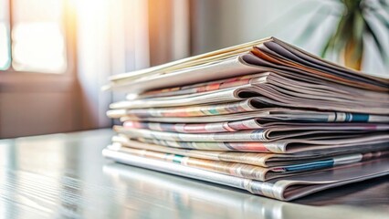 Stacked magazines, minimalist tabletop photography.  Close-up, clean aesthetic, desktop image.