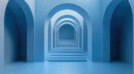 Fototapeta premium Blue arched hallway, receding perspective, steps, 3D render, product display