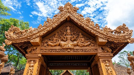 Naklejka premium Intricate Wooden Temple Entrance with Detailed Carvings and Sky