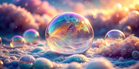 Enchanted iridescent soap bubbles rest gently on a soft, frothy surface, bathed in the warm glow of a breathtaking sunset