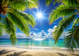Fototapeta premium Tropical Beach Paradise with Palm Trees and Azure Water