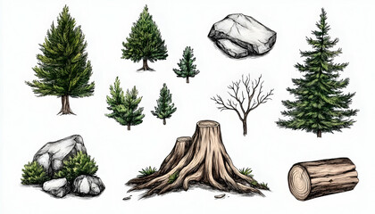 Evergreen trees, rocks, and stumps; nature elements for game design