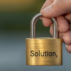 problem solver solution process A hand holding a brass padlock engraved with the word "Solution.
